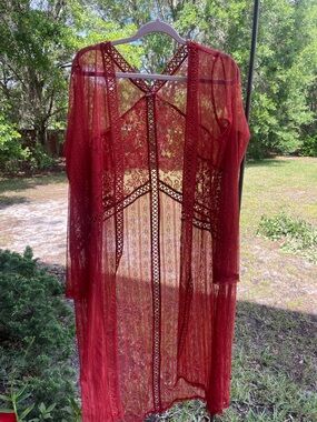 Sheer Red Lace Swim Cover-Up / Duster Women's Kimono